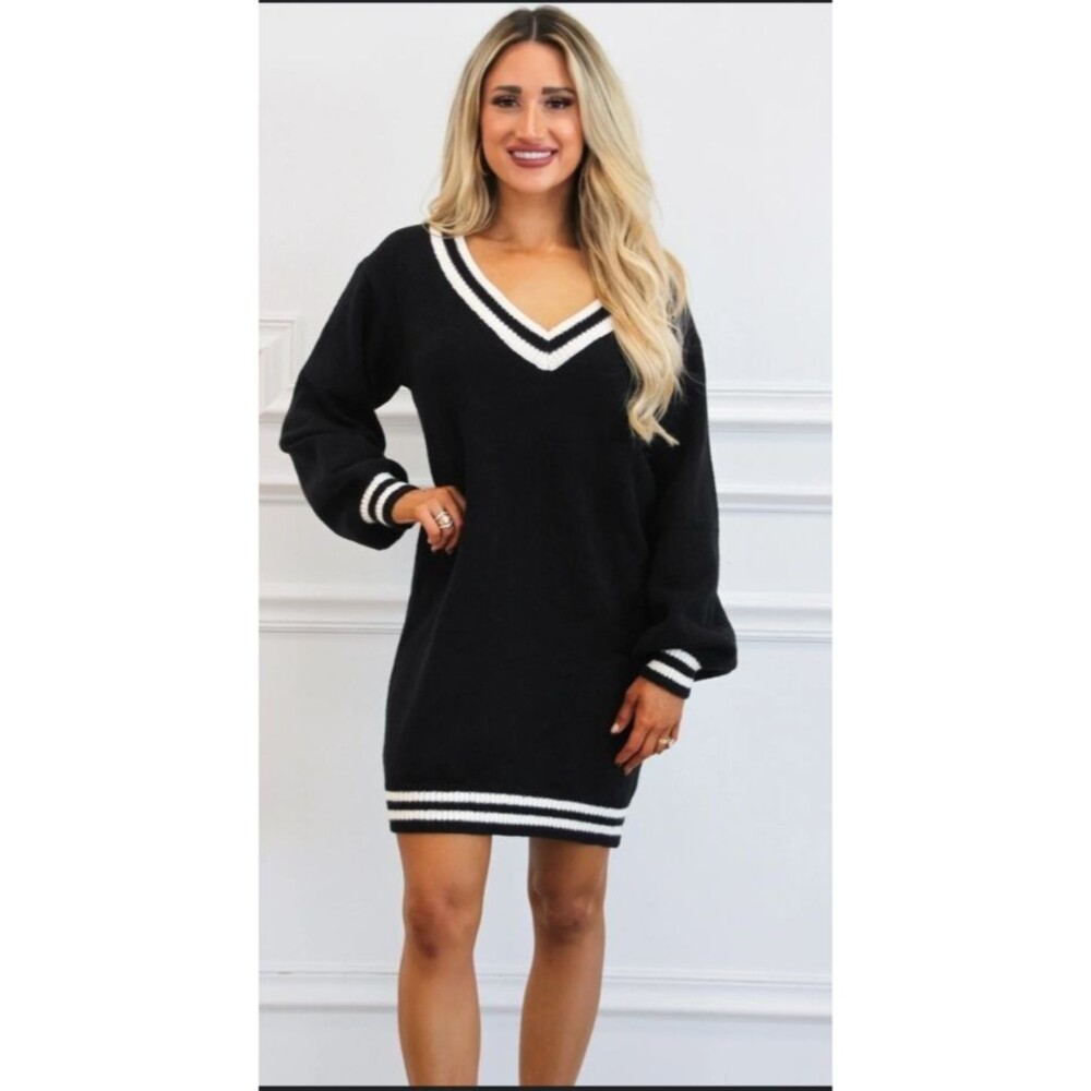 Soho NY & CO Nautical Grunge Dress L Black V Neck Stripe Knee Length‎ Casual
